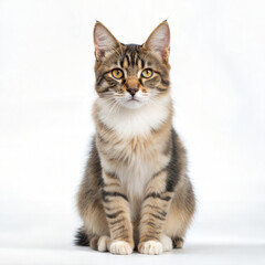 A cute young British Shorthair cat sitting, isolated on white, with an adorable tabby fur portrait