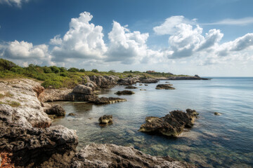 stunning summer landscapes featuring rocky shores and tranquil coastal bays across  different countries
