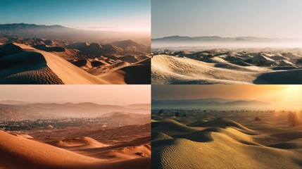 A quadriptych showcases desert landscapes with rolling sand dunes under different lighting conditions