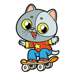 Cute cartoon kitten rides fast on a skateboard on white background