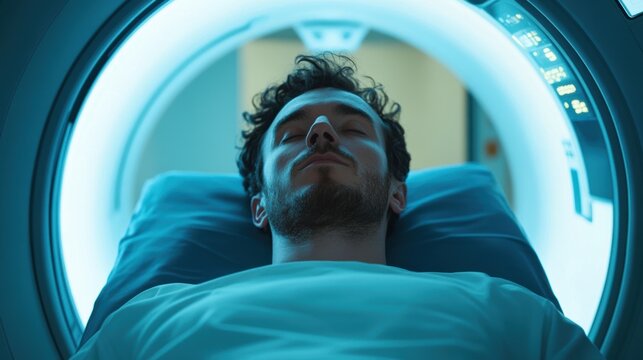 Patient lies on a CT scan bed during a computed tomography scan in a hospital. Patient lies on MRI table and undergoes magnetic resonance imaging. 