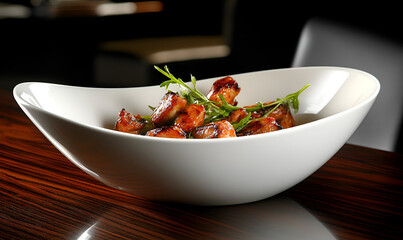 A white, modern serving bowl filled with glazed pieces of meat and green garnish sits on a dark wooden table.