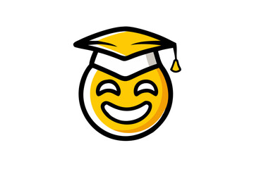 Back to school! Bright cheerful emoticon with a professor cap on an isolated white background. Creative poster or banner.
