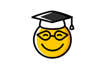 Back to school! Bright cheerful emoticon with a professor cap on an isolated white background. Creative poster or banner.
