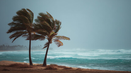 Obraz premium powerful ocean hurricane with strong winds bending palm trees — ideal for use in climate change awareness campaigns, environmental documentaries, or disaster preparedness articles