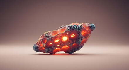 Abstract fiery geometric structure with glowing orange core and textured blue outer shell representing innovation and complex design concepts