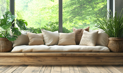 Cozy window seat with linen cushions, potted plants, and natural wood framing a tranquil view.