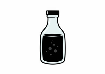 Illustration of a glass bottle filled with a dark liquid and a black cap on a white background