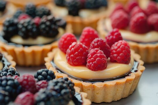 Mouth watering pastry tarts filled with vanilla custard and topped with fresh raspberries and blackberries create a delightful dessert display