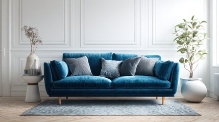 Modern living room with blue velvet sofa