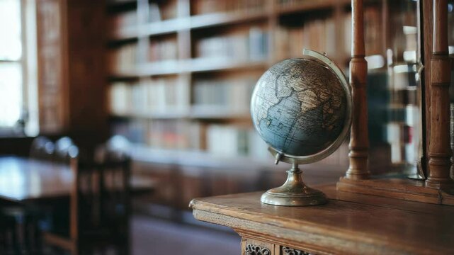 Antique globe on a wooden surface within a library setting.