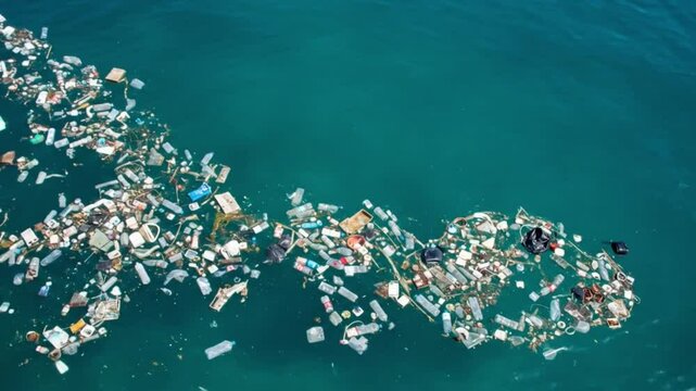 Aerial view of a large amount of plastic waste floating on the surface of blue ocean water