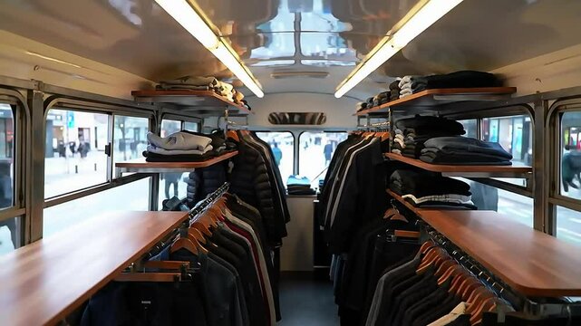 a trendy mobile clothing store setup inside a van