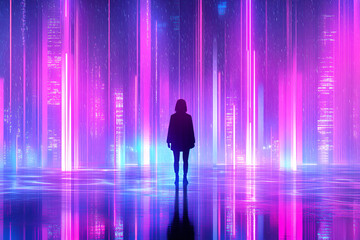 A lone figure stands silhouetted amidst vibrant, glowing purple and blue light pillars, reflected on a glossy surface, creating a futuristic and ethereal atmosphere.
