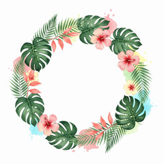 Palm Leaves Floral Border Arranged in Circular Tropical Wreath for Tropical Frame With Palm Leaves Illustration