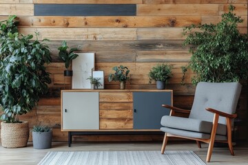 Interior of a modern living room with a sideboard over a wooden paneling wall, contemporary room decor with a dresser and armchair, complemented by a home design poster, Generative AI