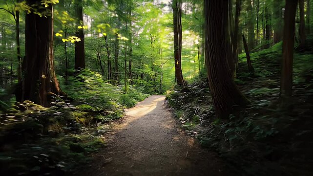 A sunlit forest trail guides the view between tall trees