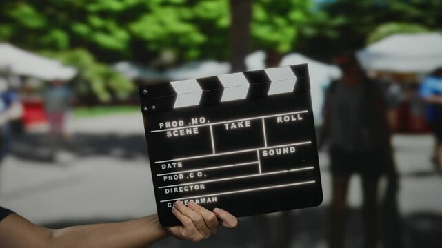 Man holding clapperboard in outdoor market with blurred people in background on a sunny day.