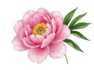 Beautiful pink peony flower with green leaves isolated on transparent background