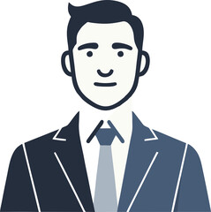 Minimalist flat design businessman portrait on a white background, Professional man in suit, ideal for corporate icon, Stylish cartoon avatar of a male business professional.