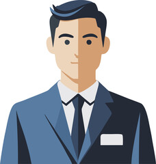 Minimalist flat design businessman portrait on a white background, Professional man in suit, ideal for corporate icon, Stylish cartoon avatar of a male business professional.