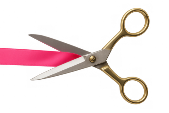 Shiny golden scissors cutting a bright pink ribbon, isolated on a transparent background, symbolizing a grand opening or celebration