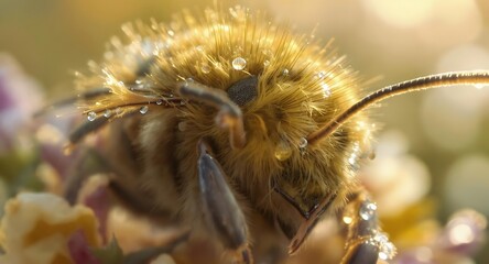 Close-Up of a Bee Covered in Water Droplets on a Flower Capturing the Beauty of Nature