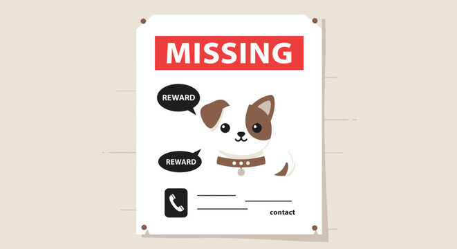 A missing dog poster with a cartoon illustration of a lost pet and a reward offer - Powered by Adobe