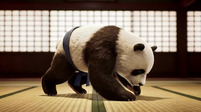 3D cartoon panda doing judo throw, dojo background, slow motion impact