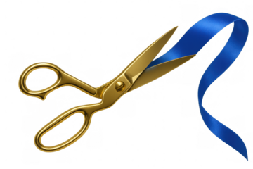 Golden scissors cutting blue ribbon, symbolizing ceremonial inauguration against clean backdrop