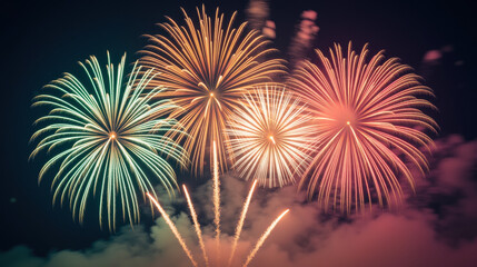 Colorful fireworks burst in night sky, creating vibrant display of light and joy, perfect for celebrations and festivities