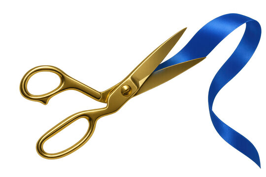 Golden scissors cutting blue ribbon, symbolizing ceremonial inauguration against clean backdrop