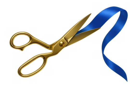 Golden scissors cutting blue ribbon, symbolizing ceremonial inauguration against clean backdrop