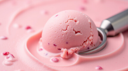 Creamy pink ice cream scoop on smooth surface, showcasing delightful texture and vibrant color, perfect for sweet treat