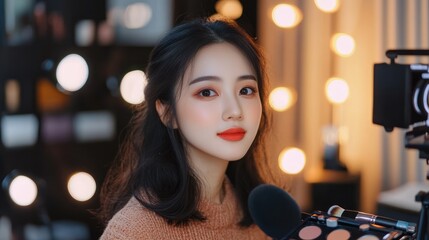 Young woman with makeup, focused,  camera, lights