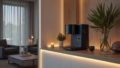 Modern Black Coffee Maker on Wood Counter in Warmly Lit Living Room