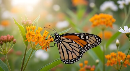 Obraz premium Monarch Butterfly on Flowers A Delicate Dance in the Garden, Capturing Nature's Beauty