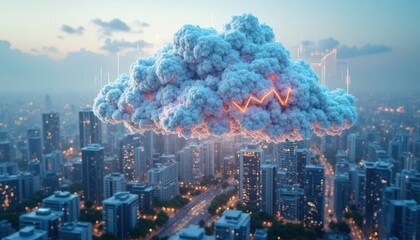 Floating Blue Cloud with Orange Line Above Cityscape at Dusk