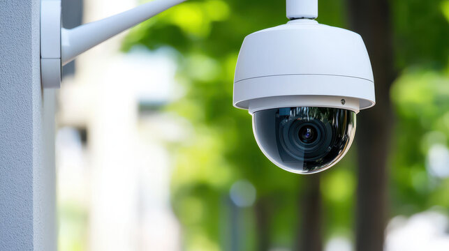 Modern security camera mounted on wall, capturing clear images in outdoor setting with greenery in background