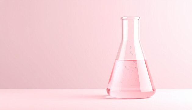 Pink laboratory flask filled with liquid sits on pastel surface, creating calm atmosphere
