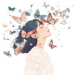 a girl pastel lace dress surrounded by butterflies
