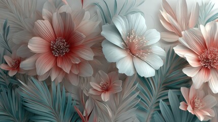 Obraz premium Delicate, pastel-toned flowers and leaves in 3D