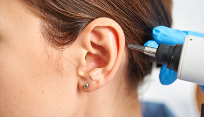 Hearing test scene focusing on ear canal examination with medical device