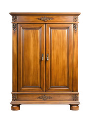 A detailed view of an ornate wooden wardrobe with two doors and decorative elements on top