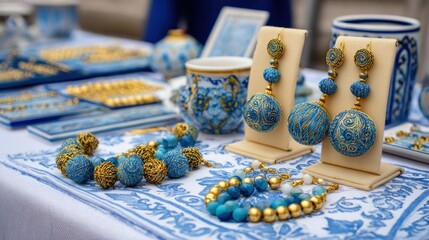 Blue and gold handcrafted jewelry and pottery displayed on a table