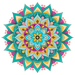 A mandala in vivid hues of turquoise, saffron, and magenta, creating a mesmerizing and vibrant design.