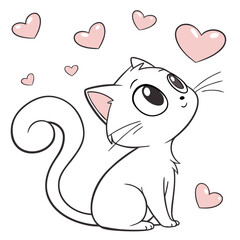 Cute Cat Looking at Floating Hearts – Romantic Vector Illustration