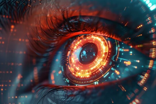 Close up of a futuristic human eye showcasing an augmented reality interface, displaying data analysis and information