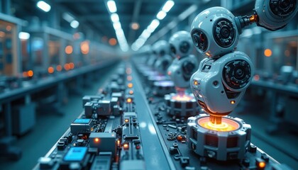 Futuristic White Robot Arm Working in Factory Assembly Line with Orange Glow