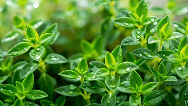 Fresh Green Thyme Leaves with Water Droplets Vibrant and Refreshing Close Up of Healthy Foliage